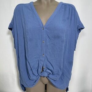 Orvis Blue Rayon Tie Front Button Up Blouse High Low Hem Women's LARGE